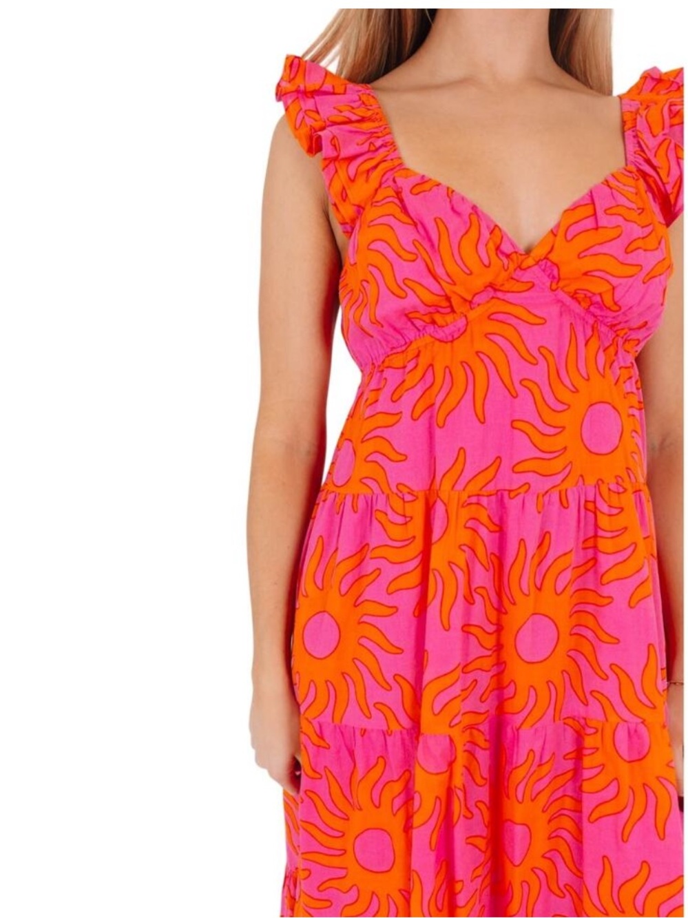 J.Marie Mara Ruffle Strap Tie Back Pink Orange Sun Print Cotton Midi Dress NWT - Picture 15 of 16